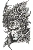 the face of astarion from baldur's gate 3 with vampiric symbols and dark gothic vibe, white and wavy hair, sharp teeth tattoo design idea