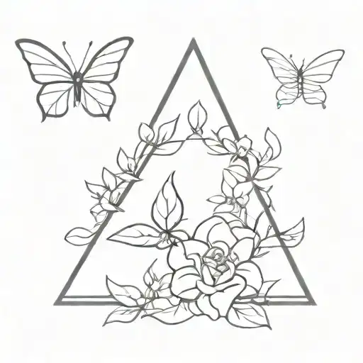 three triangles, one butterfly, daphne flowers blooming tattoo design idea
