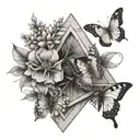 three triangles, one butterfly, daphne flowers wrapped tattoo design idea