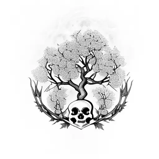 hawthorn tree with flowers and skulls, with motifs alluding to witches that look scary tattoo design idea