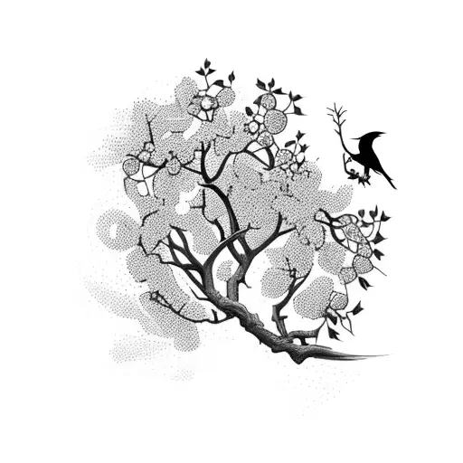 hawthorn tree with flowers and skulls, with motifs alluding to witches tattoo design idea