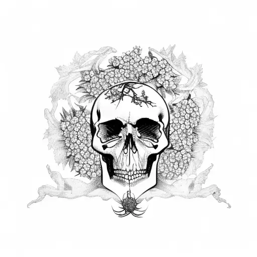 hawthorn tree with flowers and skulls, with motifs alluding to witches tattoo design idea