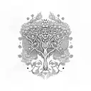 hawthorn tree with flowers and skulls, with motifs alluding to witches tattoo design idea