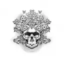 hawthorn tree with flowers and skulls, with motifs alluding to witches tattoo design idea
