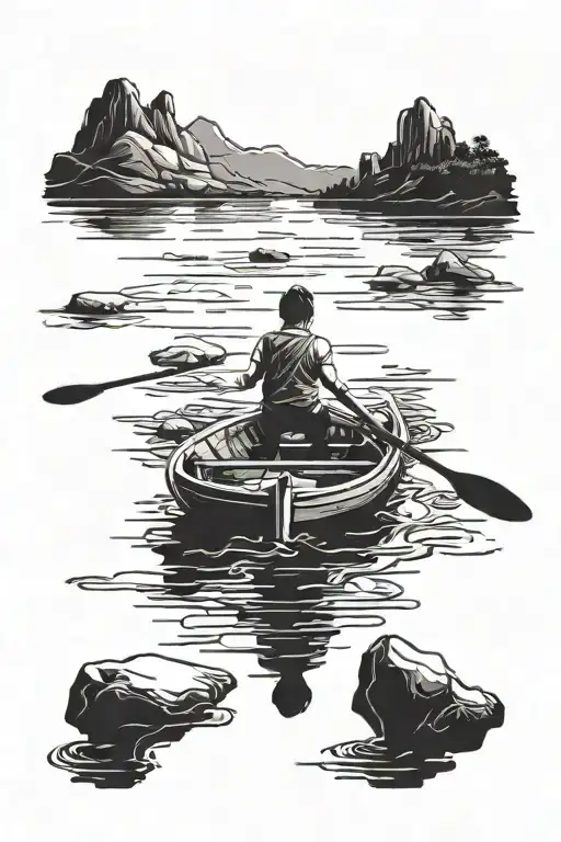 young person rowing a boat in the distance on water tattoo design idea