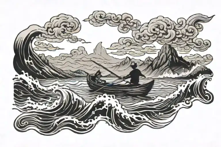 individual rowing a boat in turbulent waters in the distance tattoo design idea