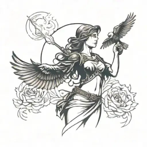 A woman with a hawk, and torch in her hands, theme liberty, and independance. the flare should be in her hand.  tattoo design idea