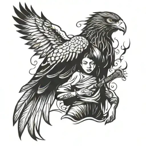A woman with a hawk, and torch in her hands, theme liberty, and independance tattoo design idea