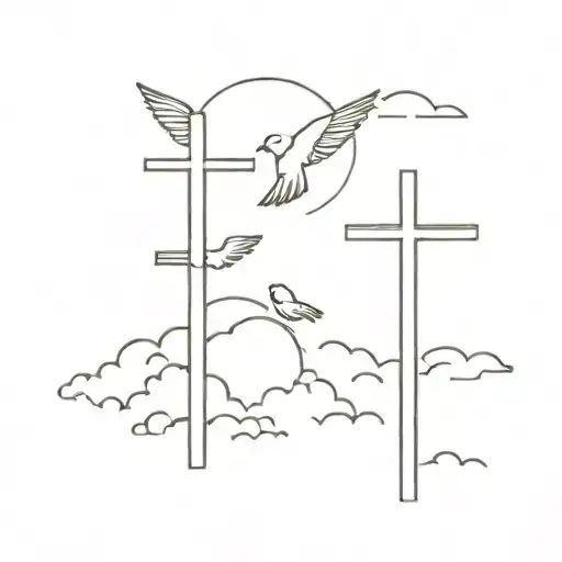 Three crosses next to eachother with clouds in the back and a dove in the clouds tattoo design idea