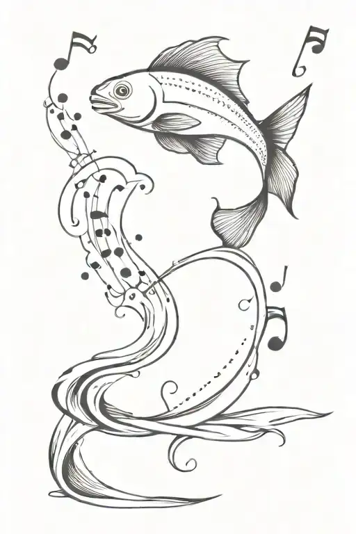 A minimalist tattoo of a fish jumping out of water with musical notes forming a wave around it, symbolizing the joy of fishing with music playing in the background tattoo design idea