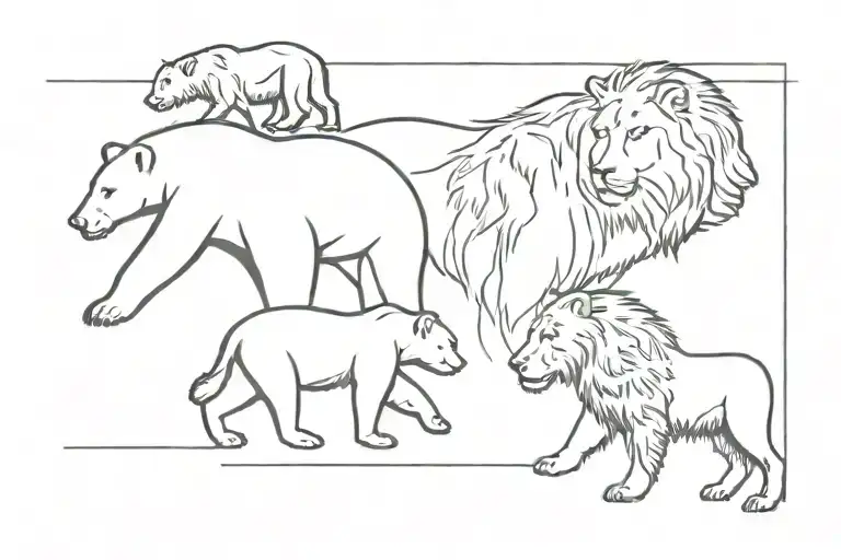only outlines of one mama bear on her back leg, 4 baby mix bear and lionness ans a lionesse following jot too far tattoo design idea