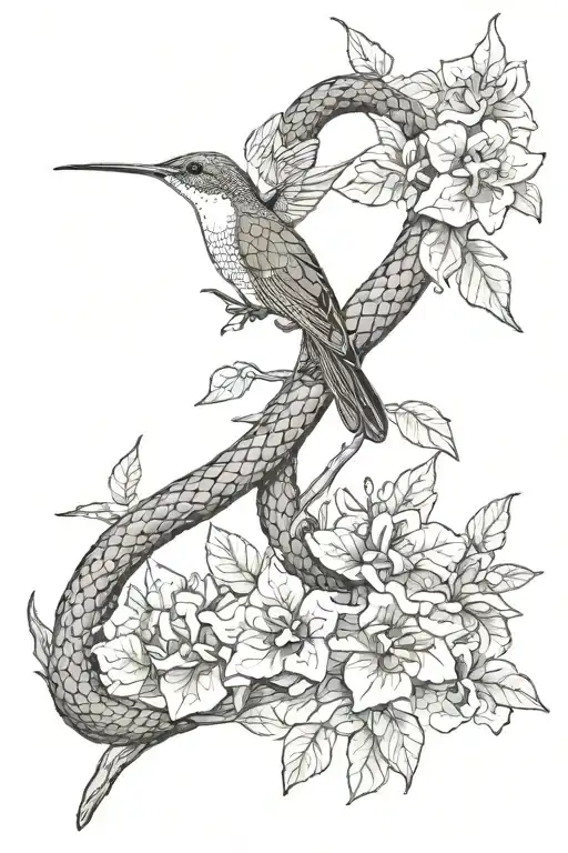 snake and humming bird tattoo design idea