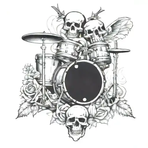 A punk rock inspired tattoo featuring a drum set with skulls and roses intertwined in the design tattoo design idea