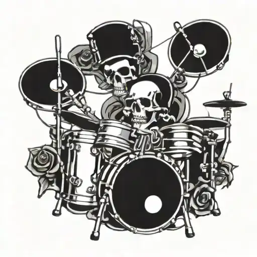 A punk rock inspired tattoo featuring a DRUMS set with skulls and roses intertwined in the design tattoo design idea