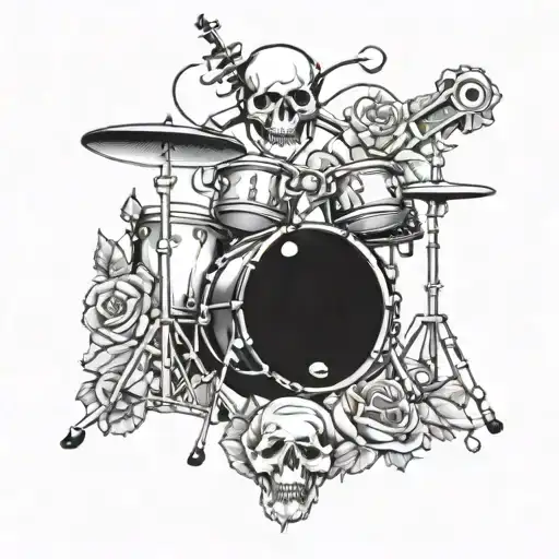 A punk rock inspired tattoo featuring a drum set with skulls and roses intertwined in the design tattoo design idea