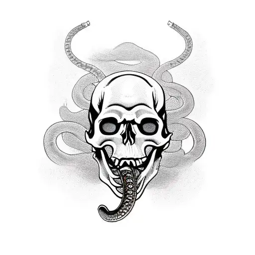 a skull where a snake goes through the mouth and through the eyes and smoke comes out of the skull's eyes tattoo design idea