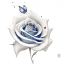 a rose with two petals falling and a blue butterfly flying to the rose tattoo design idea