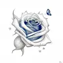 a rose with two petals falling and a blue butterfly flying to the rose tattoo design idea