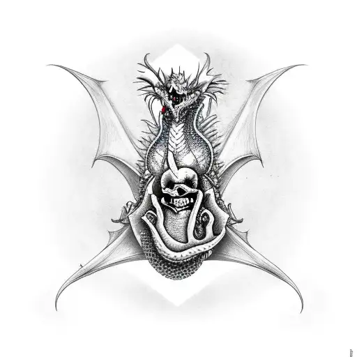 dragon with fire around in a human skeleton hand tattoo design idea