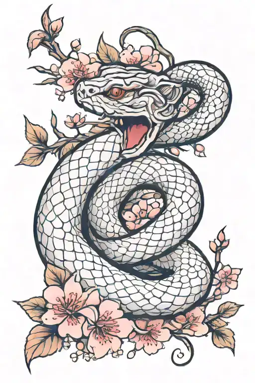 Cherry blossom surrounded around a snake that's shedding  tattoo design idea