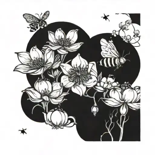 A whimsical design of children playing with flower bees in a dark enchanted garden tattoo design idea
