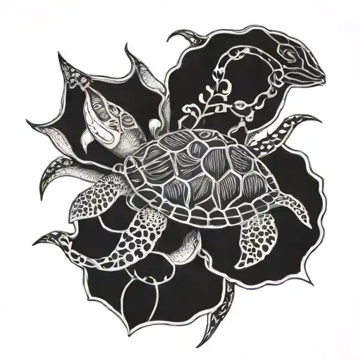 A whimsical and playful design featuring a lotus flower and a sea turtle intertwined, symbolizing growth and perseverance in the face of pressure tattoo design idea