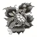A whimsical and playful design featuring a lotus flower and a sea turtle intertwined, symbolizing growth and perseverance in the face of pressure tattoo design idea