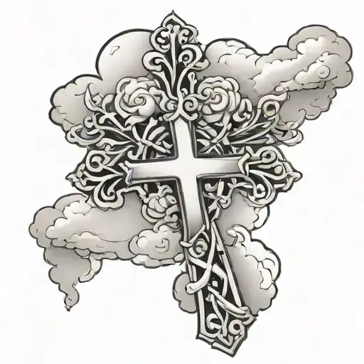 cross with clouds that say my mothers keeper tattoo black tattoo design idea