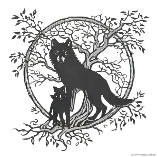 Tree of Life With Dead Branches Wolf Mother and Son tattoo design idea