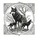 Tree of Life With Dead Branches Wolf Mother and Son tattoo design idea