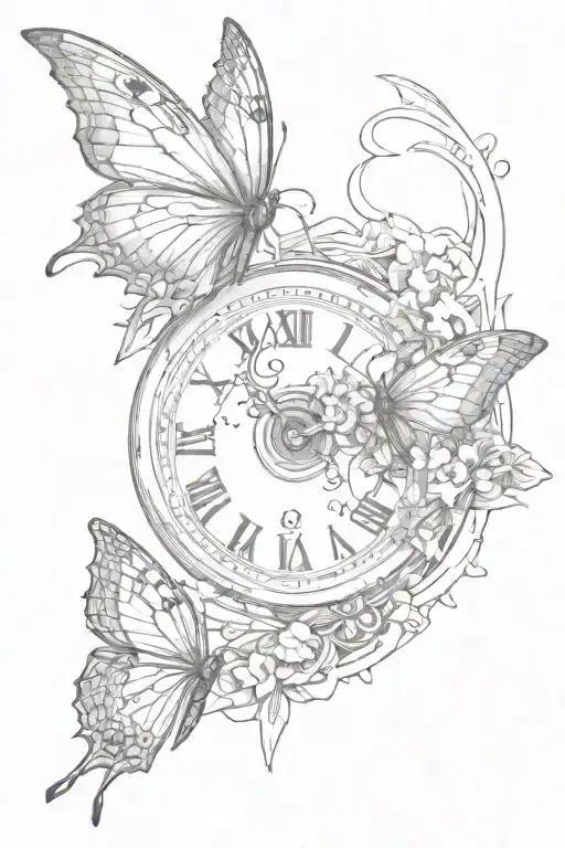 clock face Roman number 3 leaking through a hole and morphing into a butterfly tattoo design idea