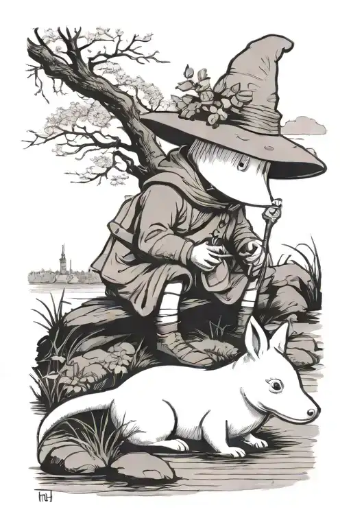 moomin with snufkin lying by the river tattoo design idea