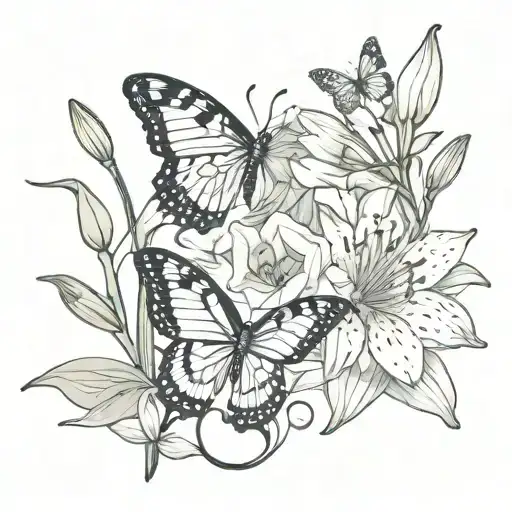 butterflies and lily flowers intertwined tattoo design idea
