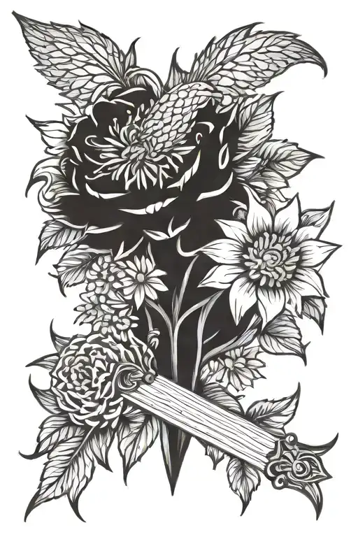 dahilla flowers with a dagger stabbing tattoo design idea