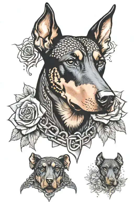 tattoo doberman bust chains and roses   tattoo design idea
