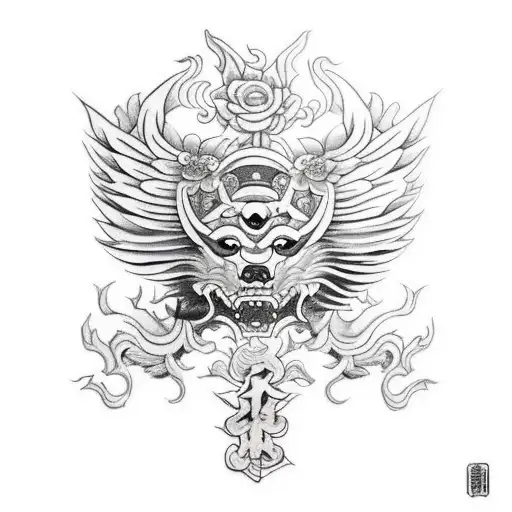 Cerberus, Sword, Flower, Wings Libra tattoo design idea