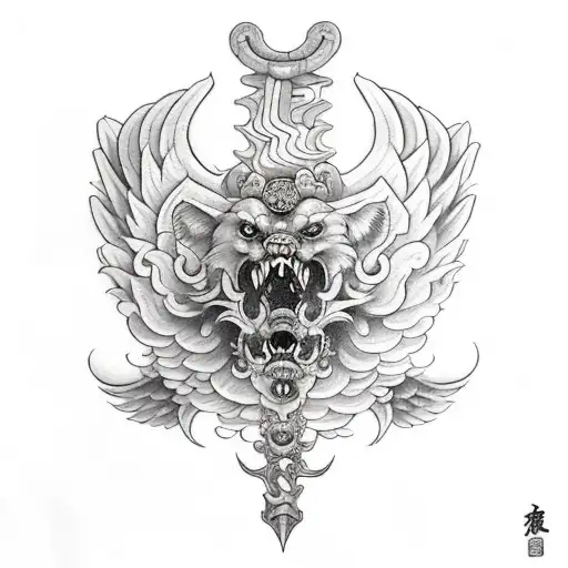 Cerberus, Sword, Flower, Wings Libra tattoo design idea