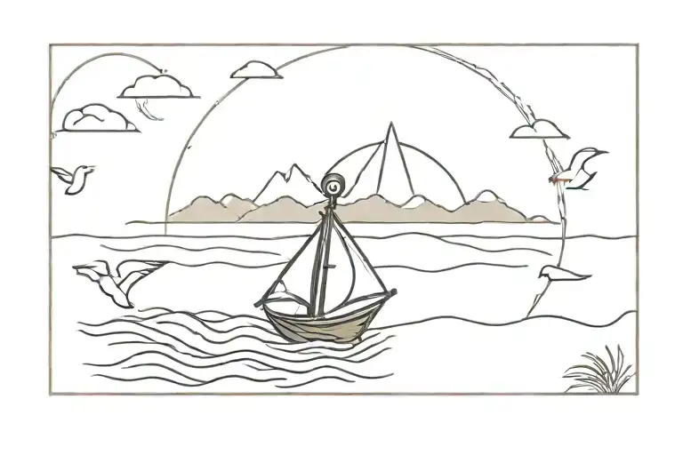 anchor in rough sea with sunset and geese in the sky   tattoo design idea