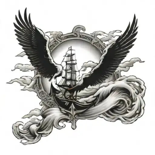 rough seas with anchor and 6 geese in the sky, name's Luke and Wyatt on the anchor  tattoo design idea