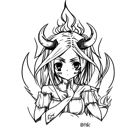 Anime girl with devil horns, crazy smile, fire in eyes tattoo design idea