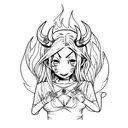 Anime girl with devil horns, crazy smile, fire in eyes tattoo design idea