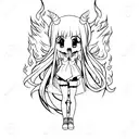 Anime girl with devil horns, crazy smile, fire in eyes tattoo design idea