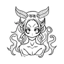 Anime girl with devil horns, crazy smile, fire in eyes tattoo design idea