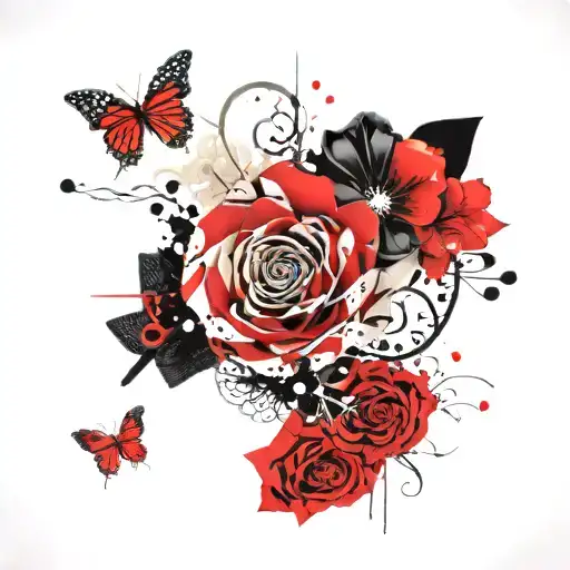 paper flower, two movie tickets, a kiss, two wedding rings tattoo design idea