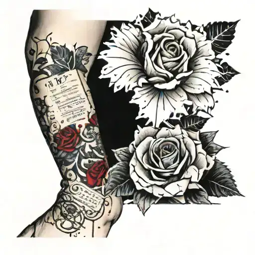 The tattoo is applied to the left arm from the elbow to the hand. paper flower, two movie tickets, a kiss, two wedding rings tattoo design idea