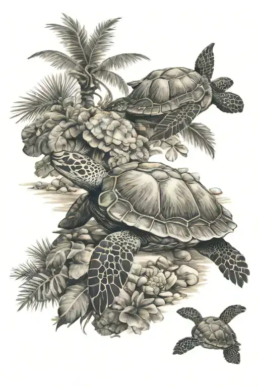 Ocean palm trees coral sea turtle  tattoo design idea
