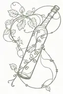 wine bottle with grape vine wrapping around that turns into rosary beads wrapping around tattoo design idea