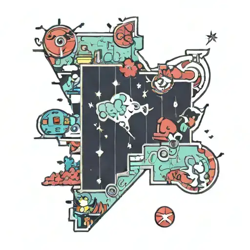 A new-school style tattoo of a Georgia state map with symbols representing music, Kappa Alpha Psi, and anime scattered throughout tattoo design idea