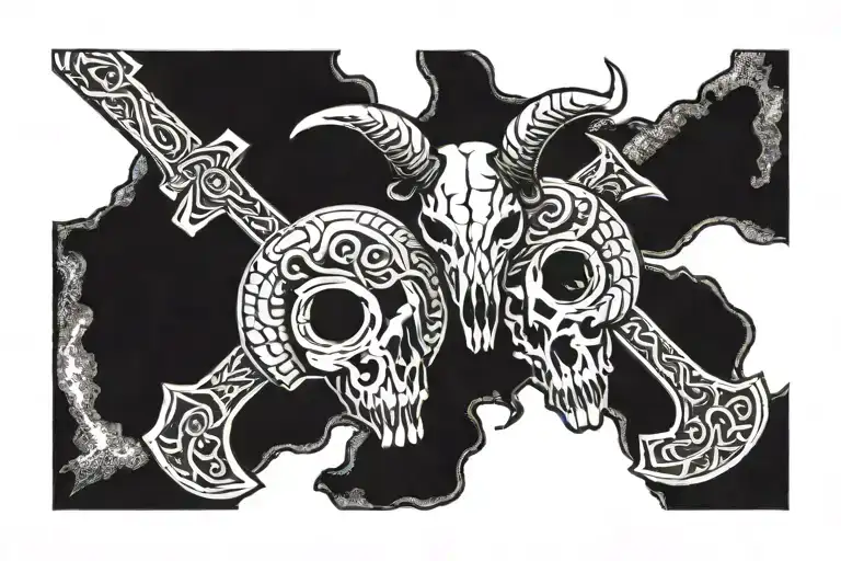 crossed viking axes and ram skull in center tattoo design idea