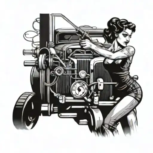 Combine a sexy pin-up girl with a gun-wielding mechanic working on a vintage car tattoo design idea